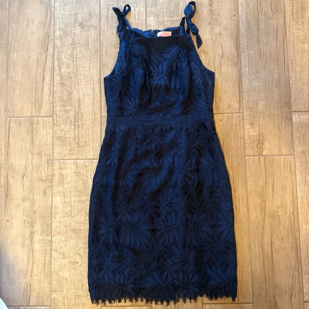Lilly Pulitzer Womens Navy Blue Floral Lace Tie Shoulder Cocktail Dress Size 4